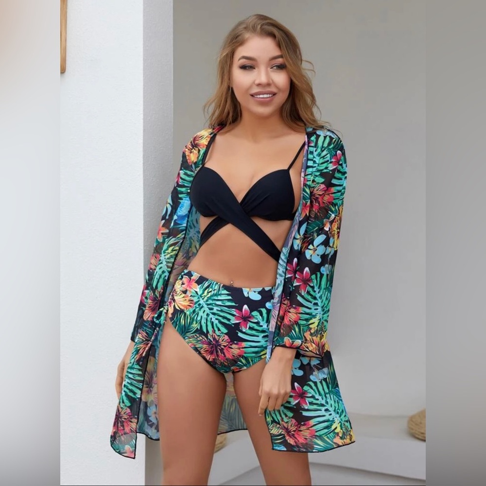 3pack Tropical & Floral Bikini Swimsuit With Kimono